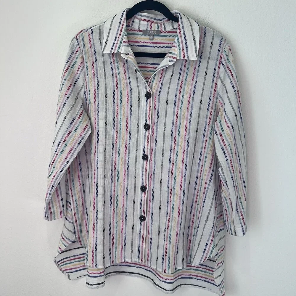 Habitat Shirt Wrap Around Fiesta Weave Tunic Top White Striped M Party Brunch - Picture 3 of 9